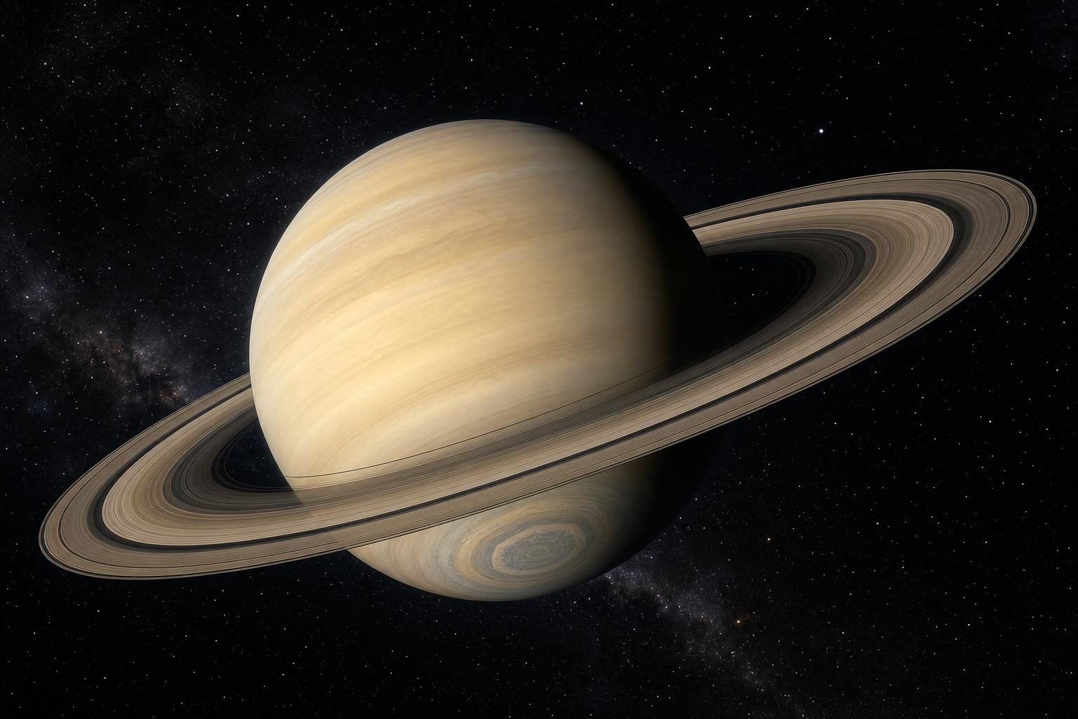 Saturno con anillos aparece en el espacio, con un débil patrón de nubes de 10 lados alrededor de su polo sur.