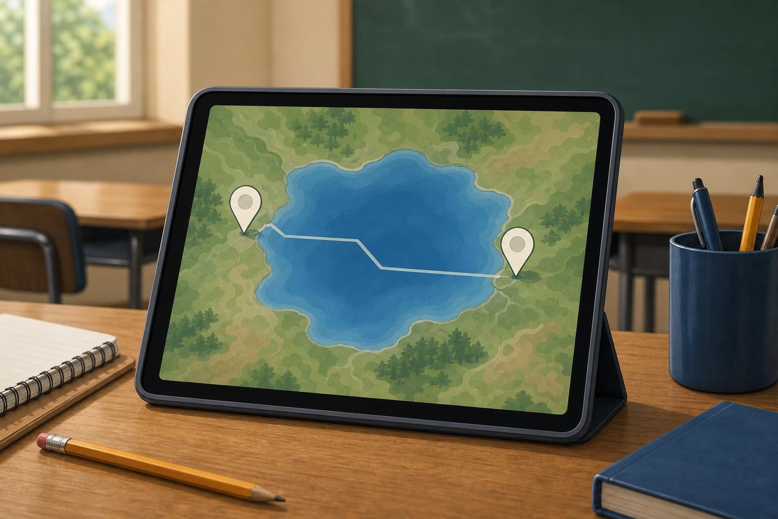 A tablet on a desk shows an unlabeled lake divided by a border line with two blank location pins.