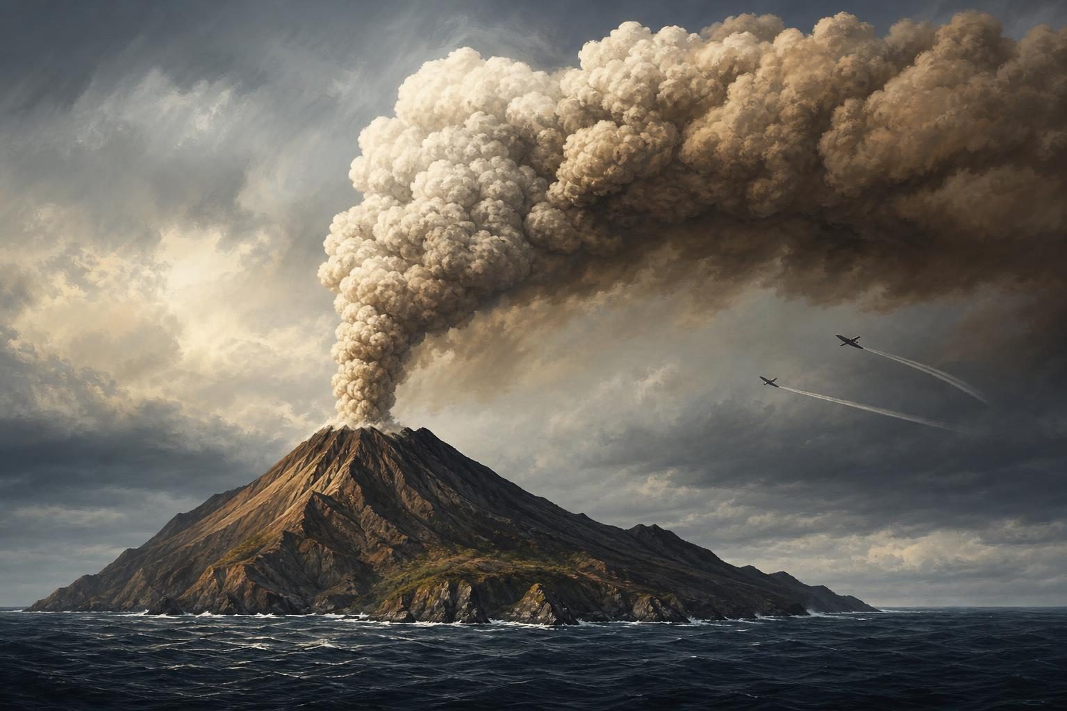 A volcano on an island sends a large ash plume into the sky while distant planes avoid it.