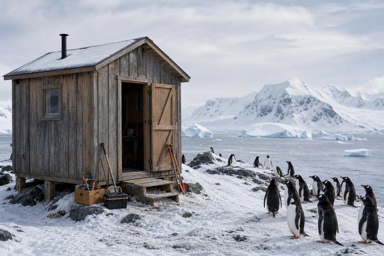 An old Antarctic hut sits on snow near a group of penguins while repair tools rest by the door.