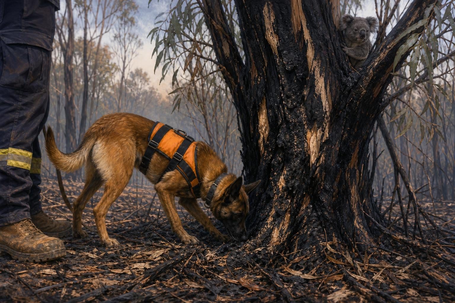 Un perro detector busca cerca de un eucalipto quemado mientras un koala escondido está sentado en las ramas de arriba.