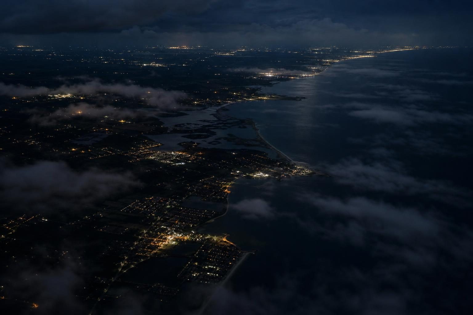 A nighttime view from above shows patchy city lights along a coastal area after a hurricane.