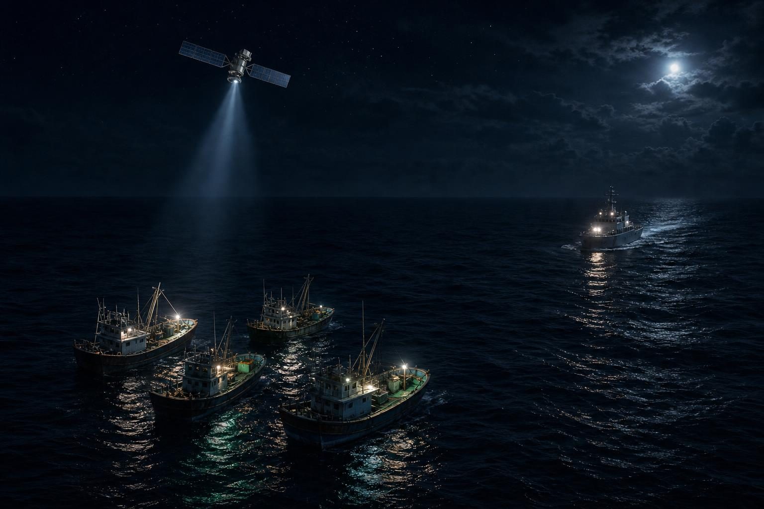A satellite observes fishing boats at sea while a patrol boat moves toward them.