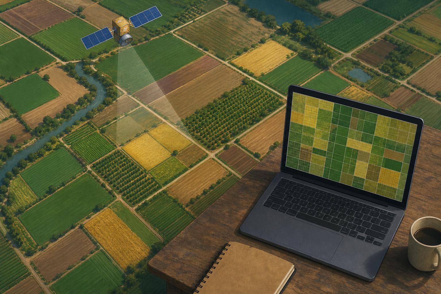 Una ilustración muestra pequeños campos agrícolas observados por un satélite y analizados en una computadora portátil.