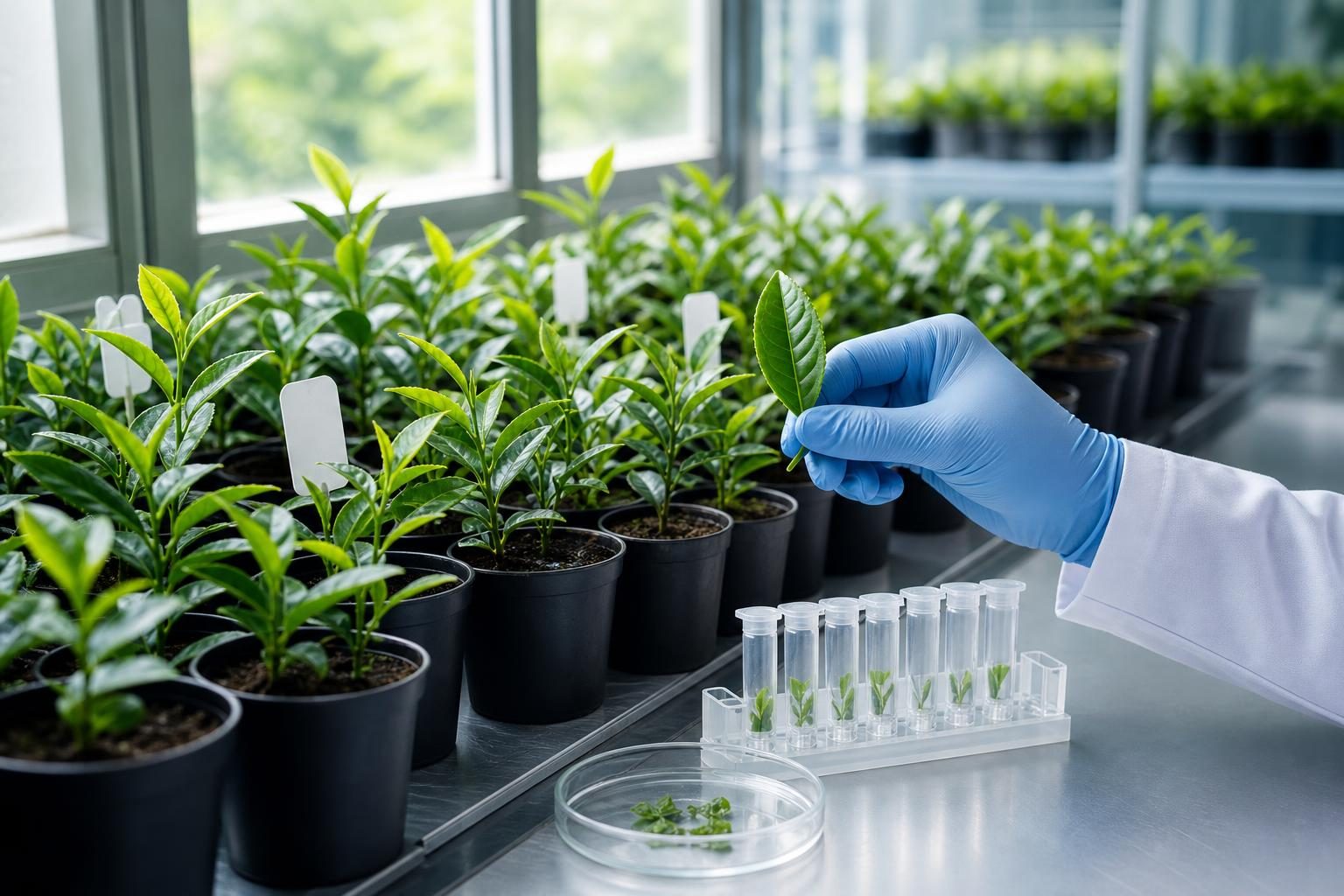 Plantas jóvenes de té están sobre una mesa de invernadero junto a tubos de laboratorio para pruebas de plantas.