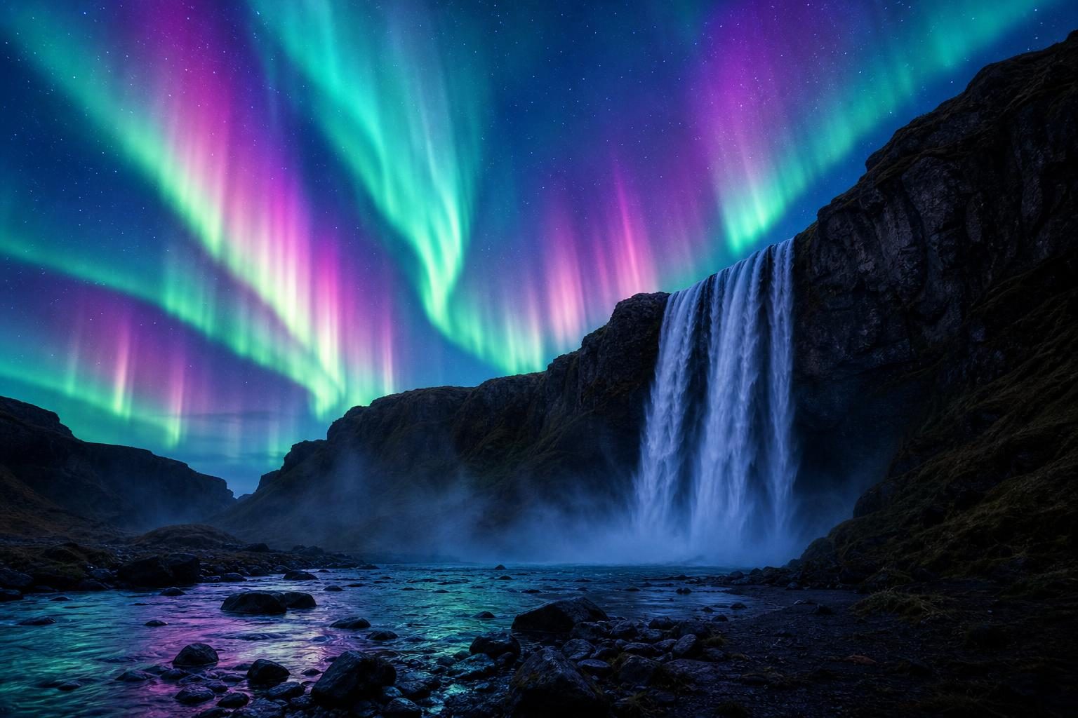Colorful northern lights glow above a waterfall at night.