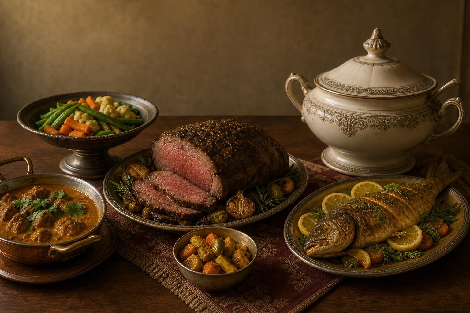 Una mesa muestra varios platos al estilo del siglo XVIII que sugieren una comida británica moldeada por tradiciones locales e influencias globales.
