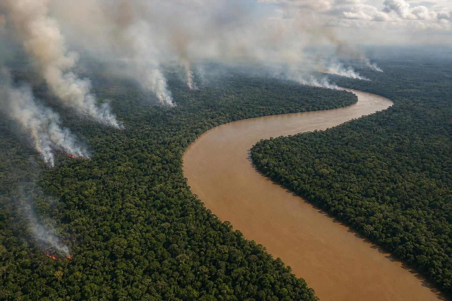 El humo se eleva de incendios en una verde selva tropical junto a un río ancho.