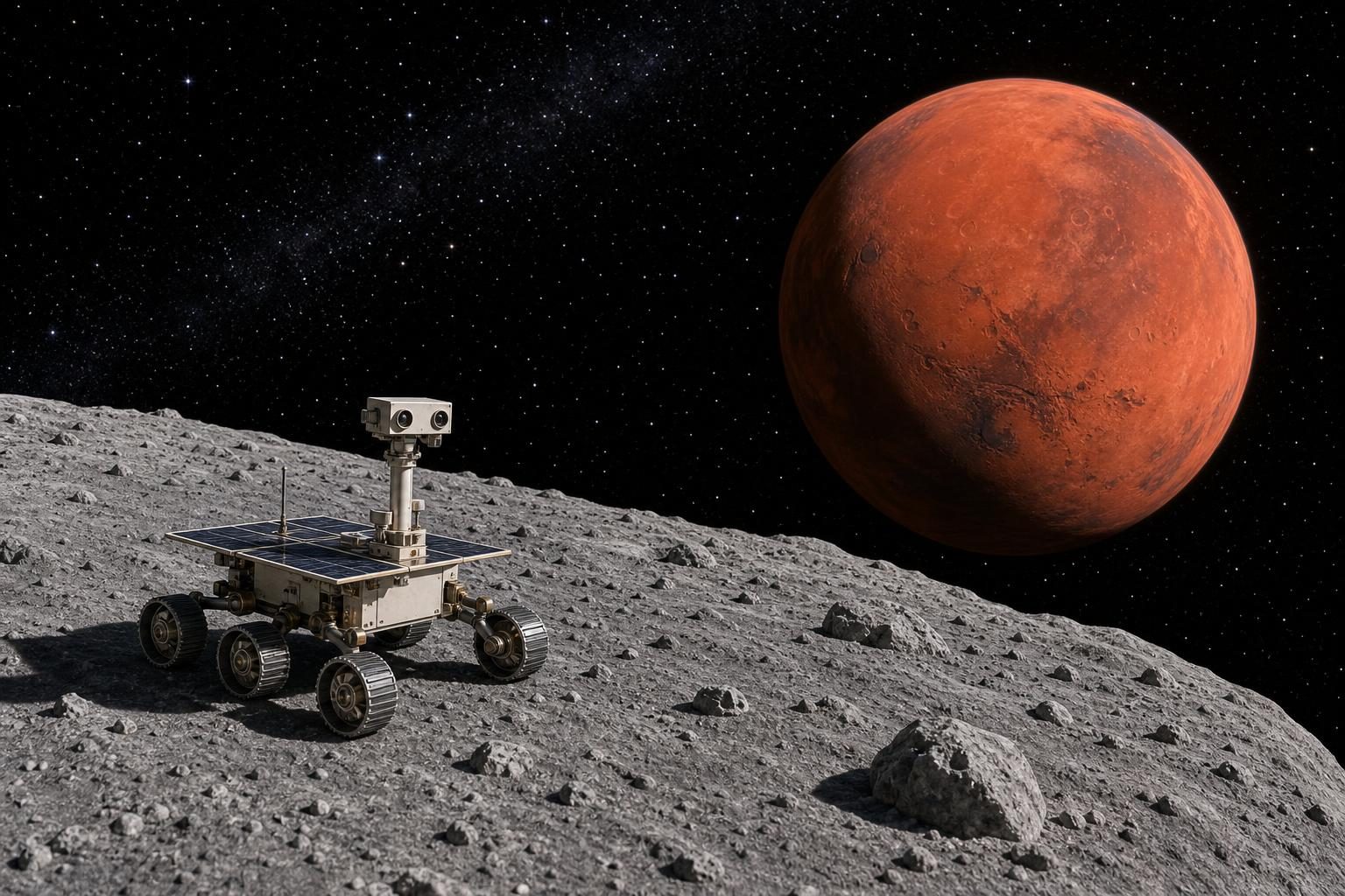 A small rover explores the uneven gray surface of Phobos with Mars in the background.
