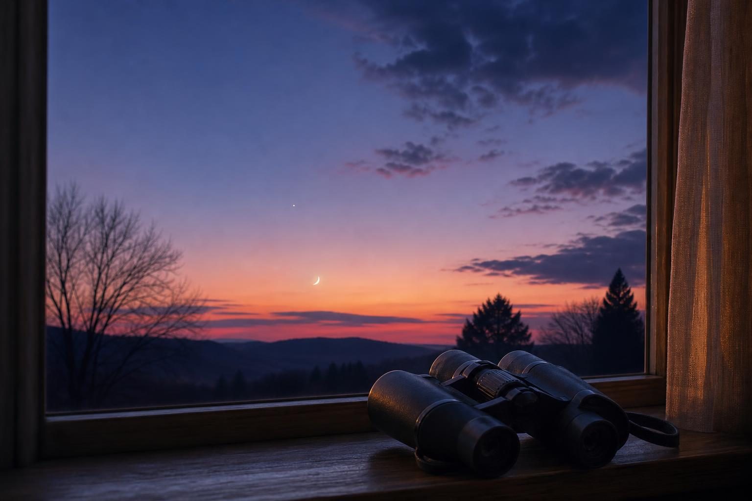 A bright crescent Venus glows in a purple twilight sky above a quiet horizon.