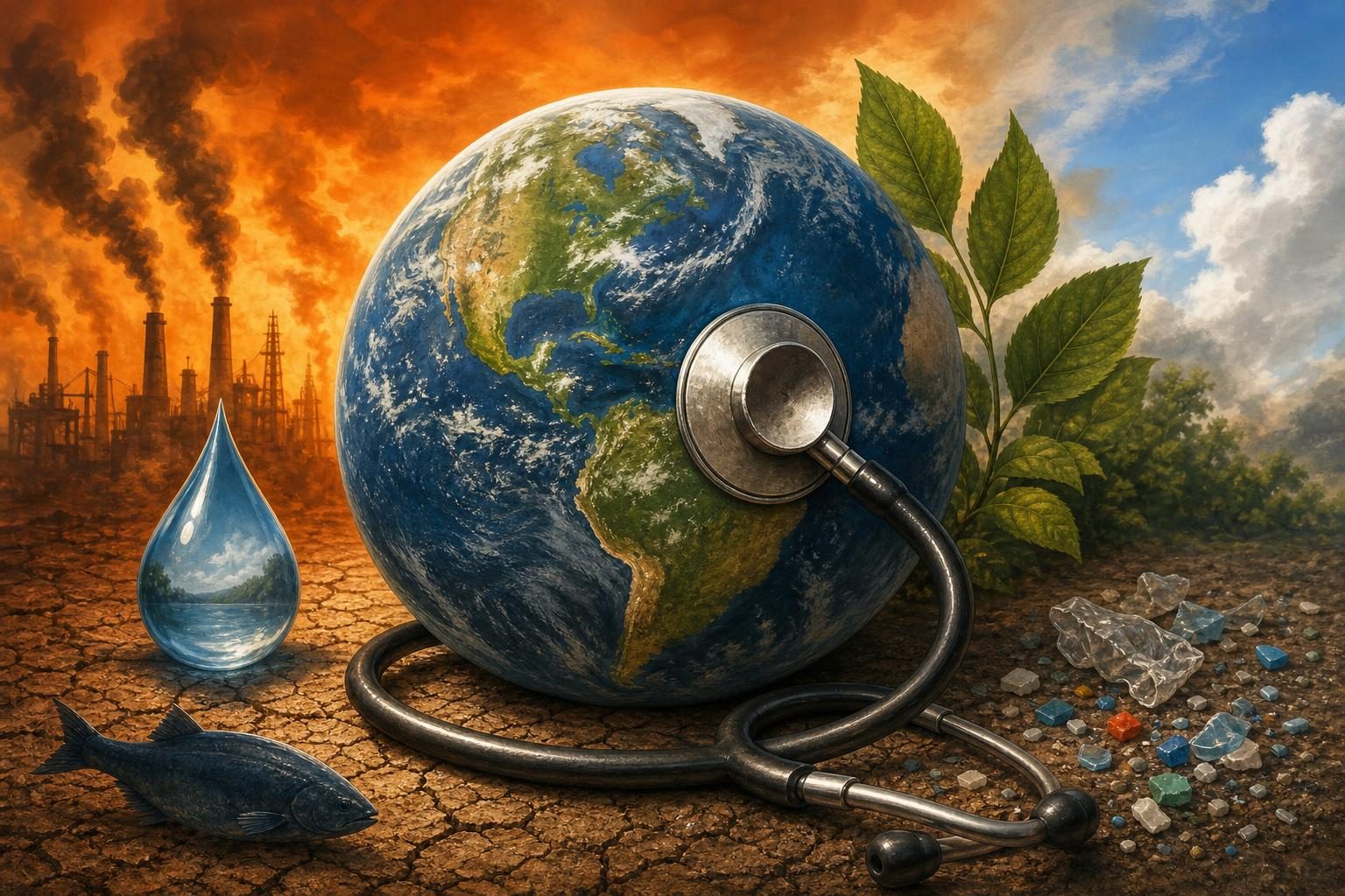 Illustration of Earth being checked with a stethoscope, with symbols of forests, water, oceans, and pollution nearby.
