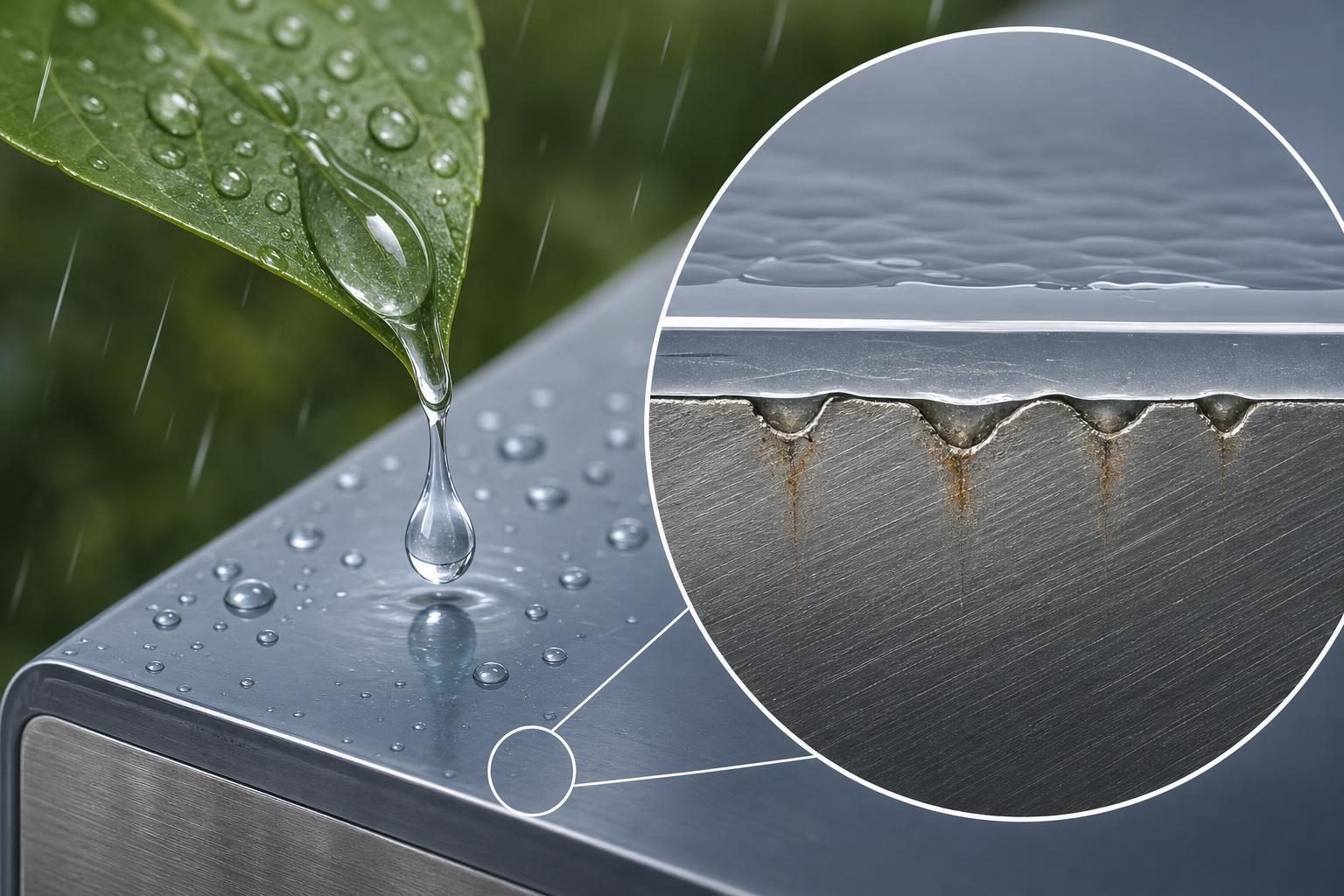 Raindrops slide from a leaf toward a coated metal surface with tiny damage shown underneath.