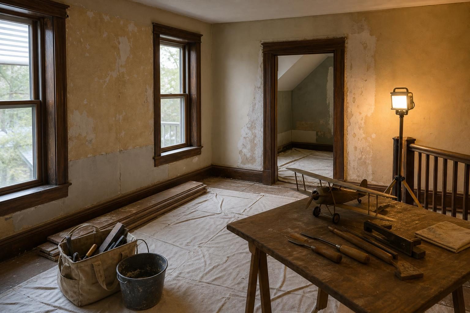 El interior de una casa histórica está preparado para una restauración cuidadosa, con herramientas y un avión a escala que sugieren el interés temprano de Neil Armstrong por el vuelo.