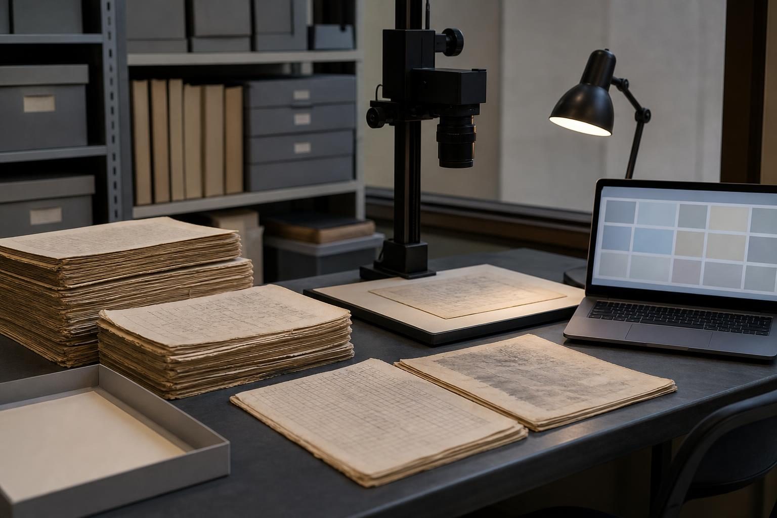 Old weather records are being digitized at a workstation with a camera, laptop, and stacks of paper forms.