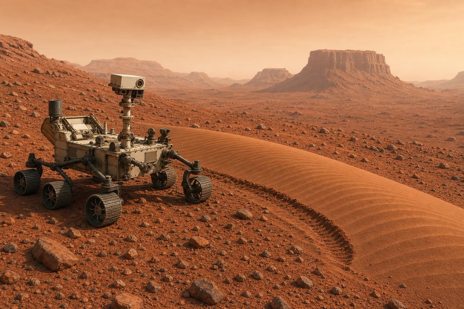 A Mars rover studies a narrow sand ripple on a rocky red slope.