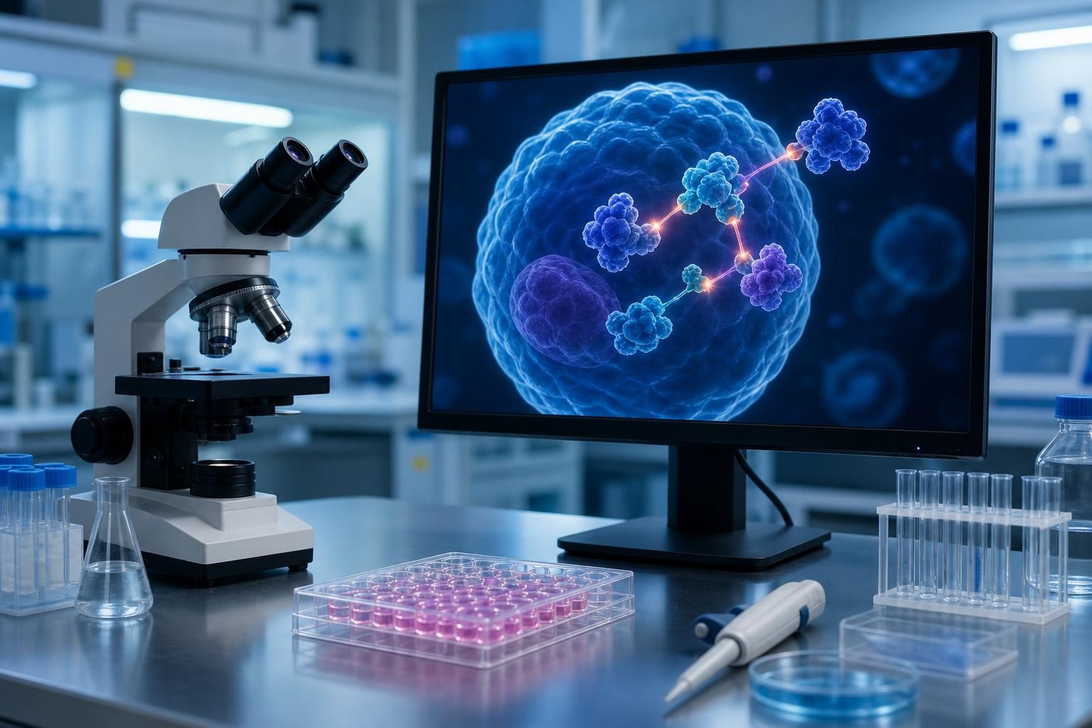 A lab bench and computer illustrate scientists using digital cell models to guide drug design.