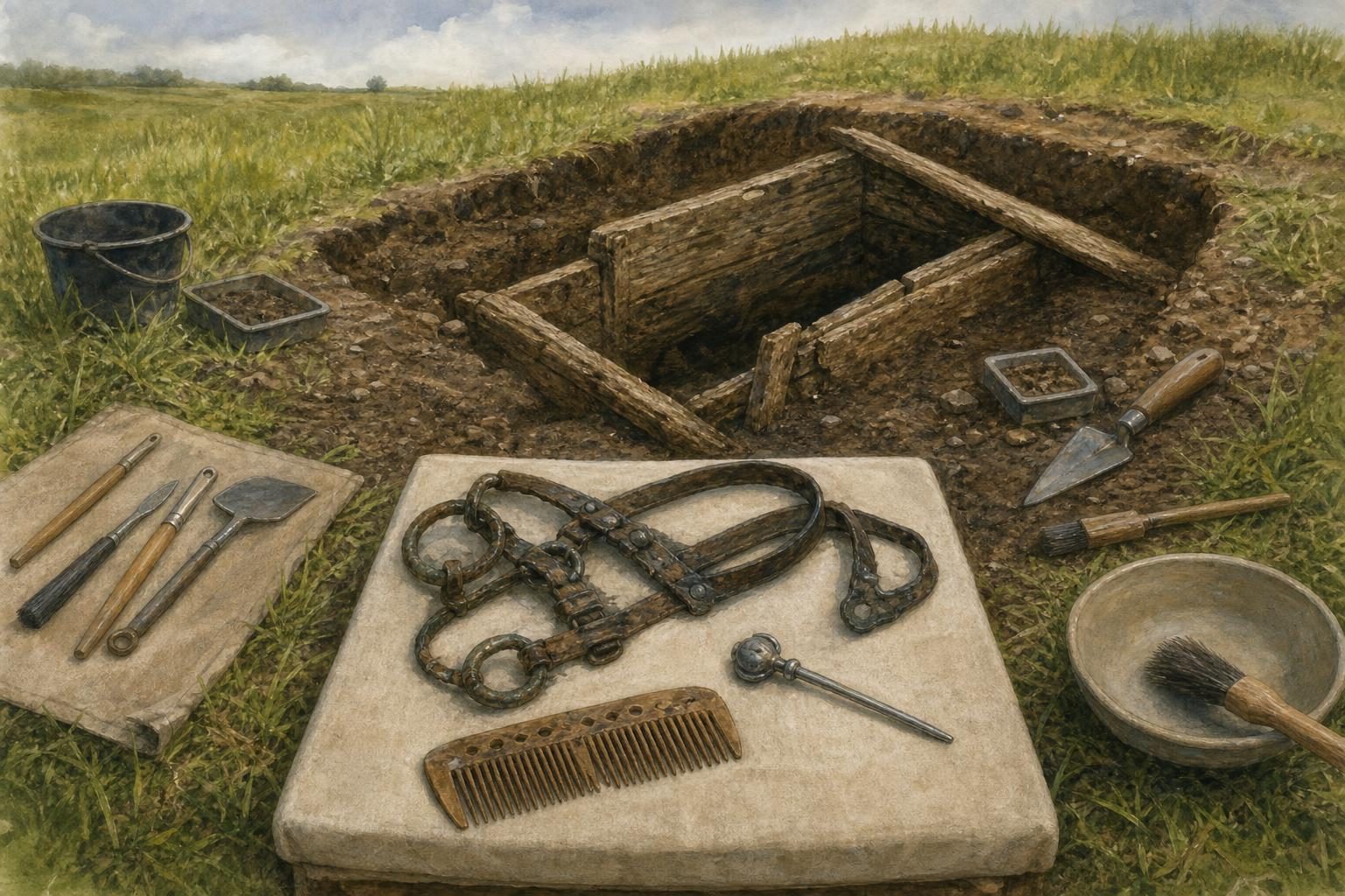 Una excavación arqueológica muestra una tumba de madera parcialmente descubierta y objetos pequeños que son examinados con cuidado.