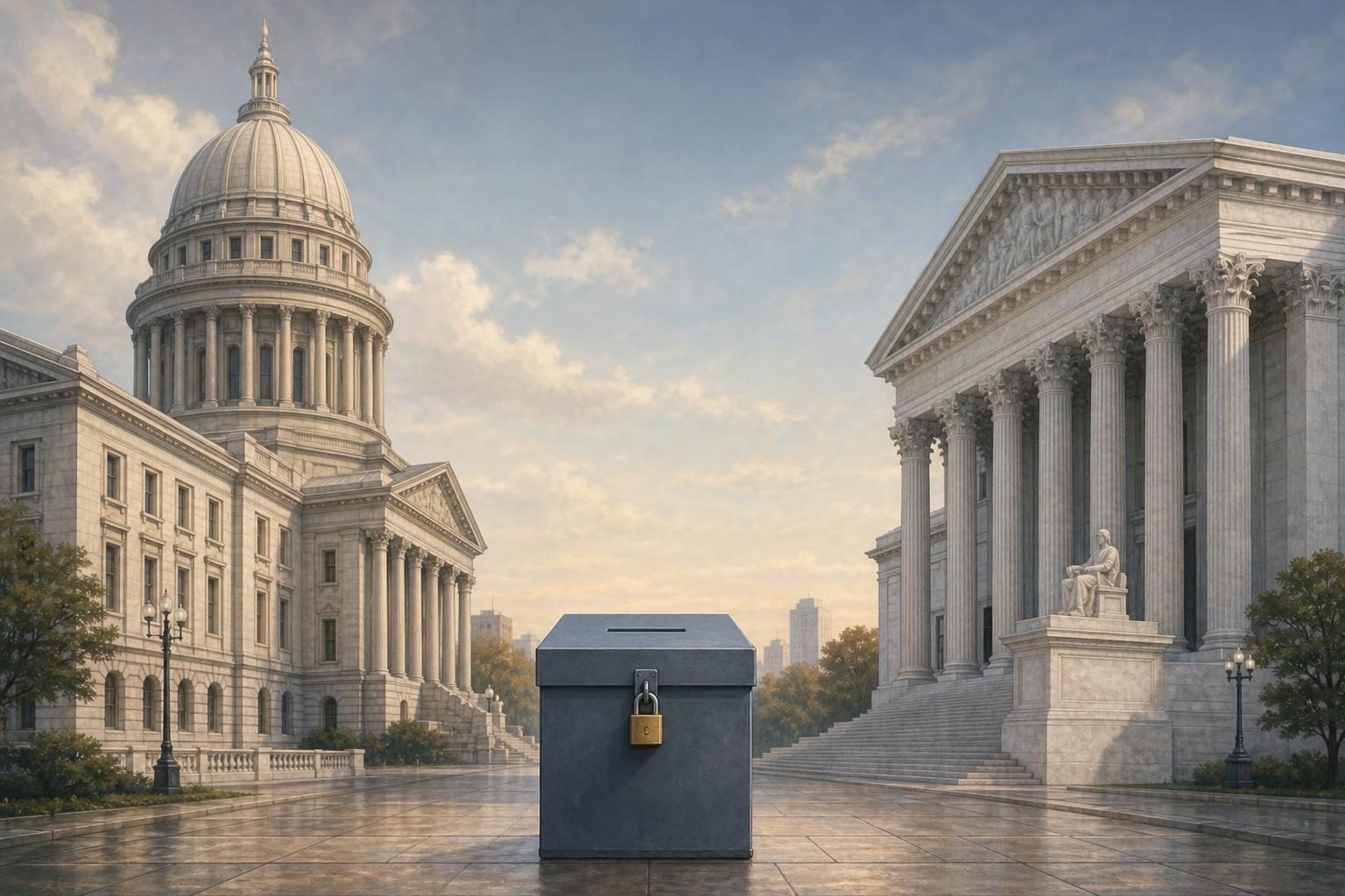 A ballot box stands between symbols of state and federal government, representing a dispute over who controls elections.