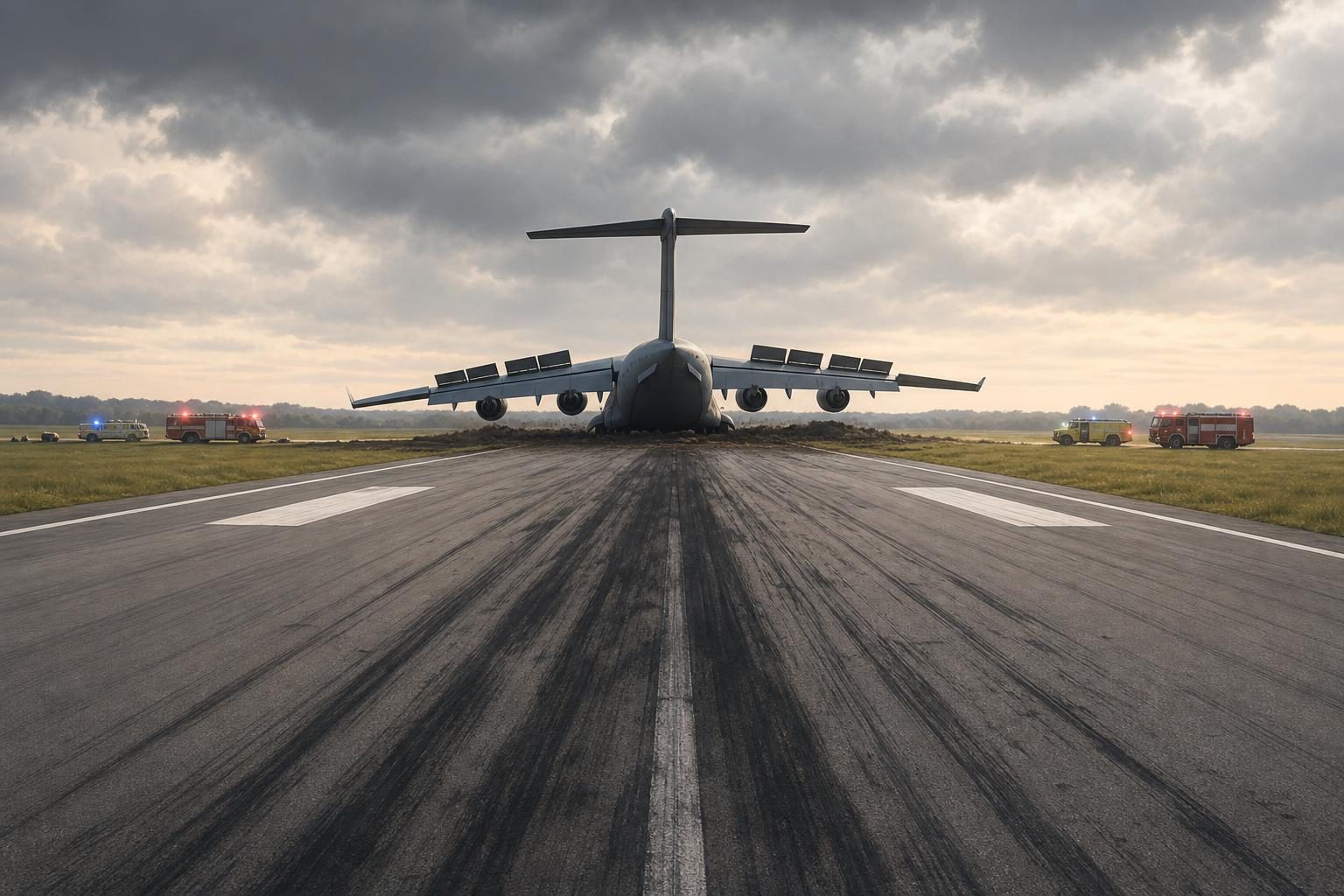 A cargo airplane is shown near the end of a runway with tire marks leading toward grass beyond the pavement.
