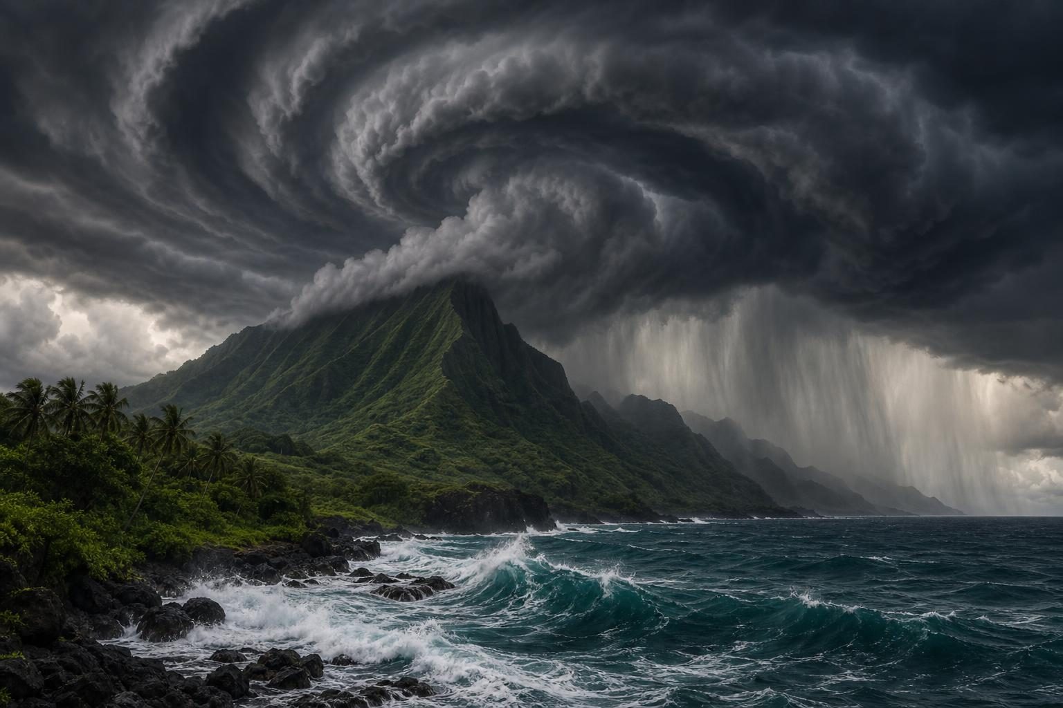 Dark storm clouds and rain approach a Hawaiian island coastline with mountains and rough ocean water.
