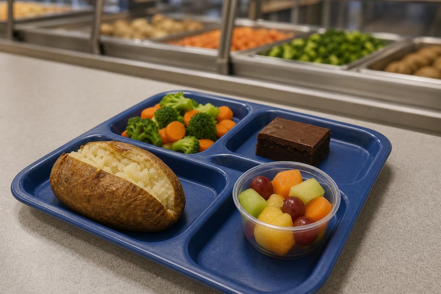 A healthy school lunch tray with vegetables, fruit, and a baked side dish sits on a cafeteria table.