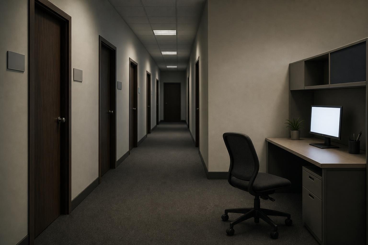 An empty office workstation sits near a glowing computer, suggesting AI changing access to early-career jobs.