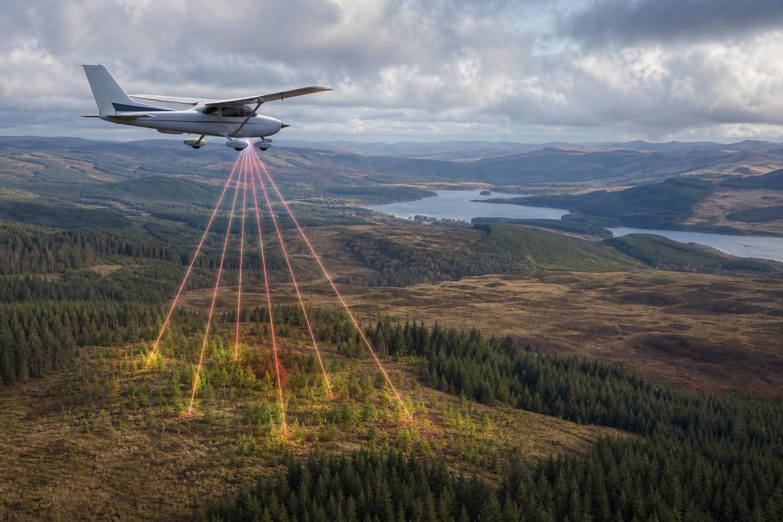 Un avión de reconocimiento usa escaneo láser sobre un paisaje mixto de bordes de bosque, árboles jóvenes, brezales y pantanos.