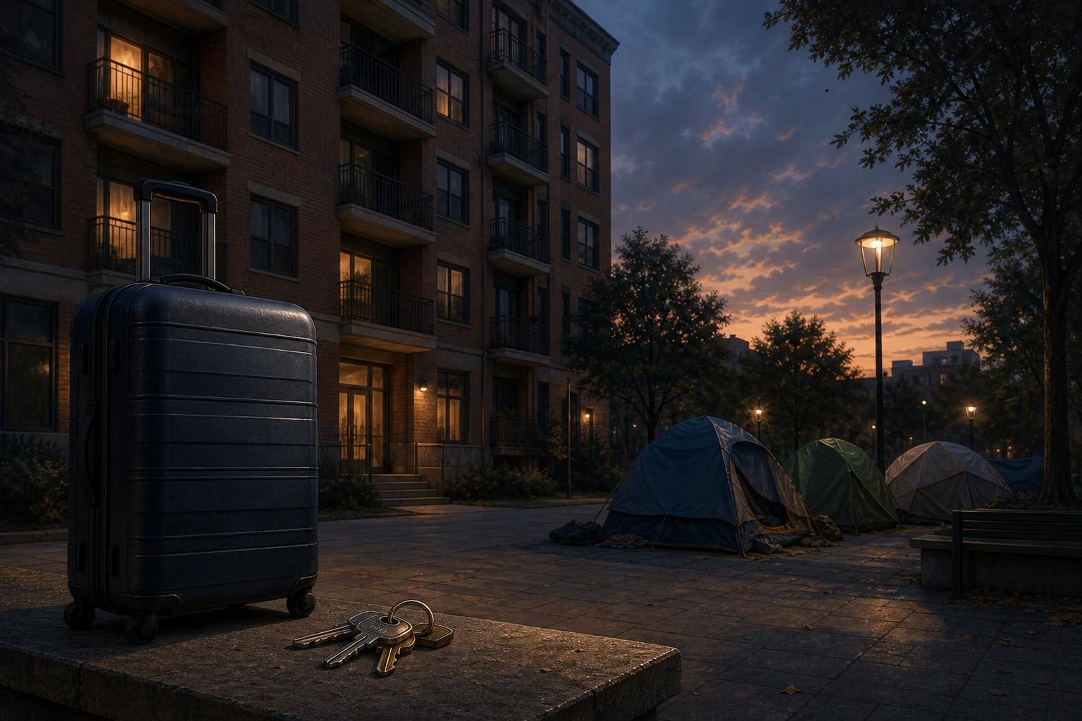 Un edificio de apartamentos está cerca de una maleta, llaves y tiendas de campaña de protesta, lo que sugiere una disputa por la vivienda y los desalojos.