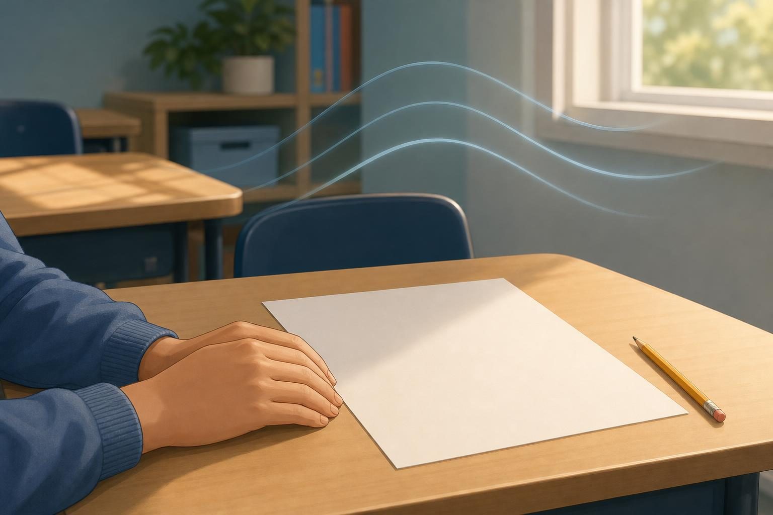 Hands rest beside a pencil and blank worksheet as gentle lines show calm breathing.