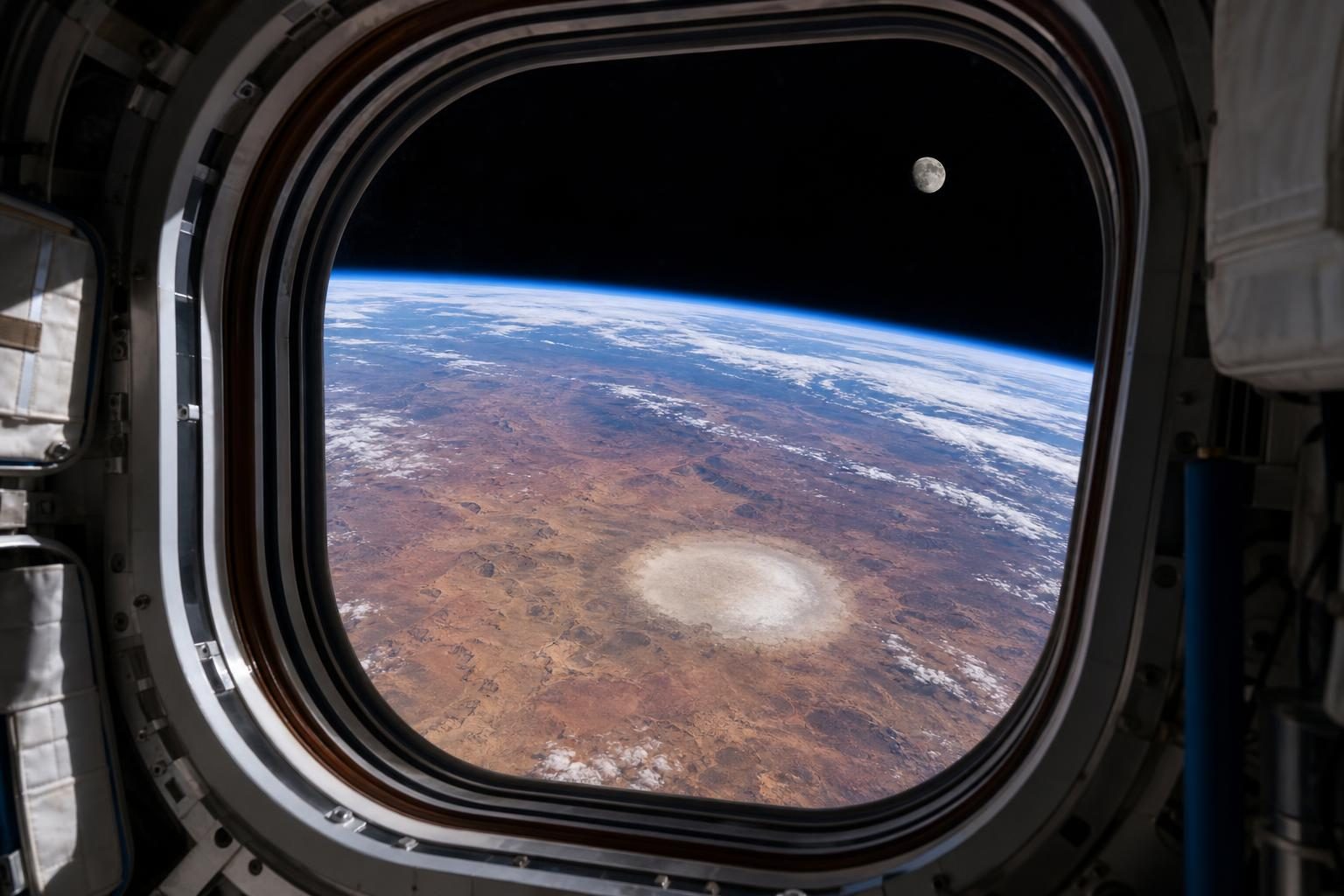 A space view shows a bright rock patch on Madagascar with the Moon nearby.