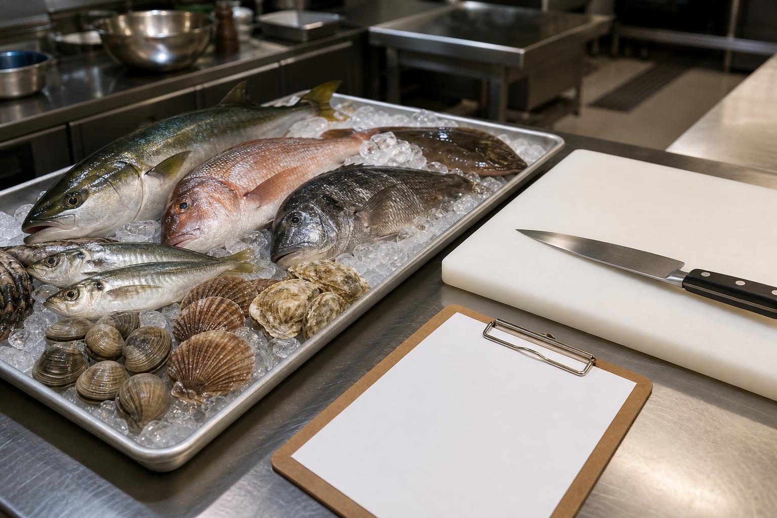 Una variedad de mariscos descansa sobre hielo junto a utensilios de cocina.