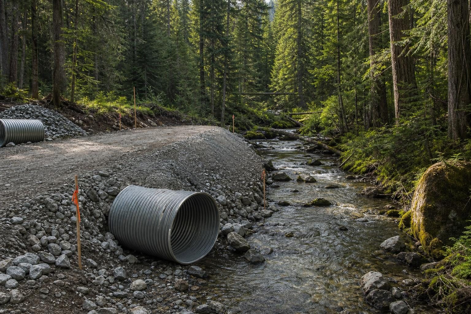Un proyecto de camino de grava se detiene al borde de un arroyo en el bosque, con árboles y materiales para construir caminos visibles.