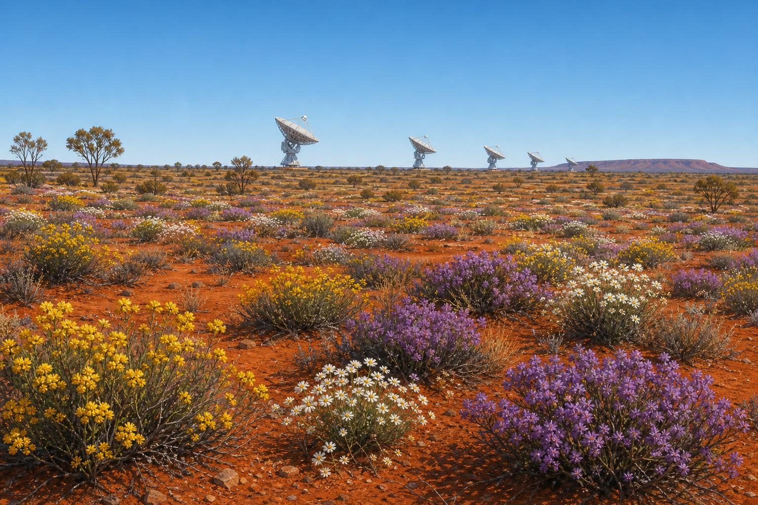 A dry red landscape in Western Australia is dotted with bright wildflowers and distant radio antennas.