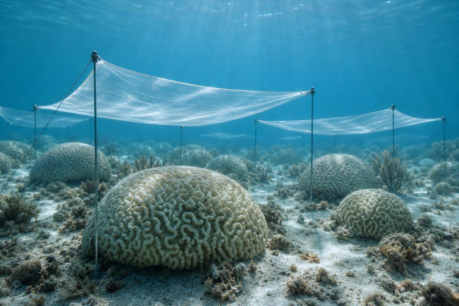 Underwater shade structures float above pale coral on a shallow reef.