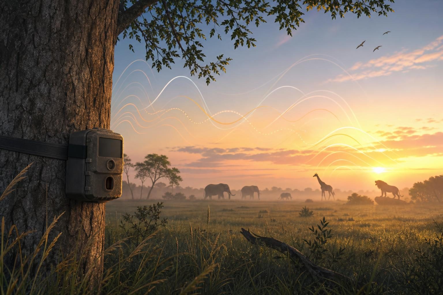 A small sound recorder on a tree listens to distant wild animals at sunrise.