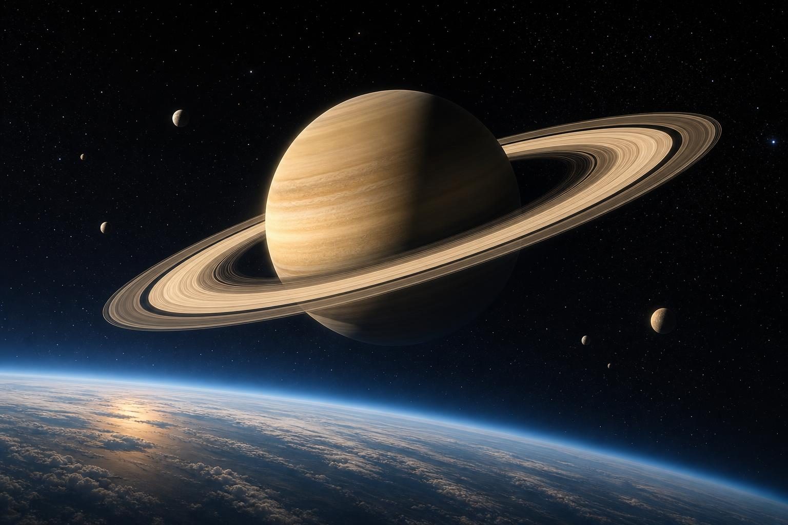 Saturno, con sus anillos y pequeñas lunas, aparece en un cielo oscuro sobre una capa tenue y ondulada de aire.