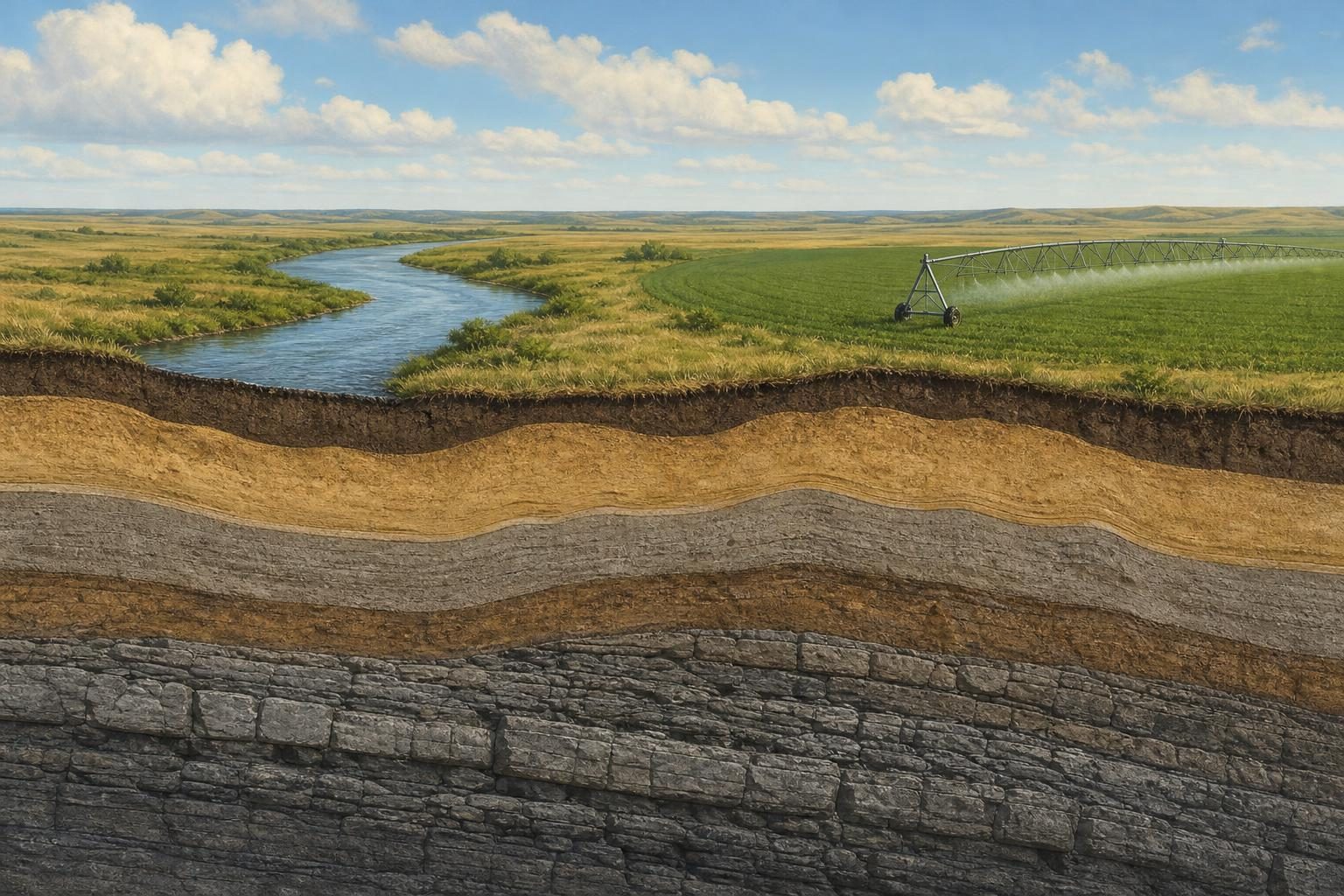 A cutaway prairie landscape shows layers of sediment and rock beneath fields, a river and irrigation equipment.