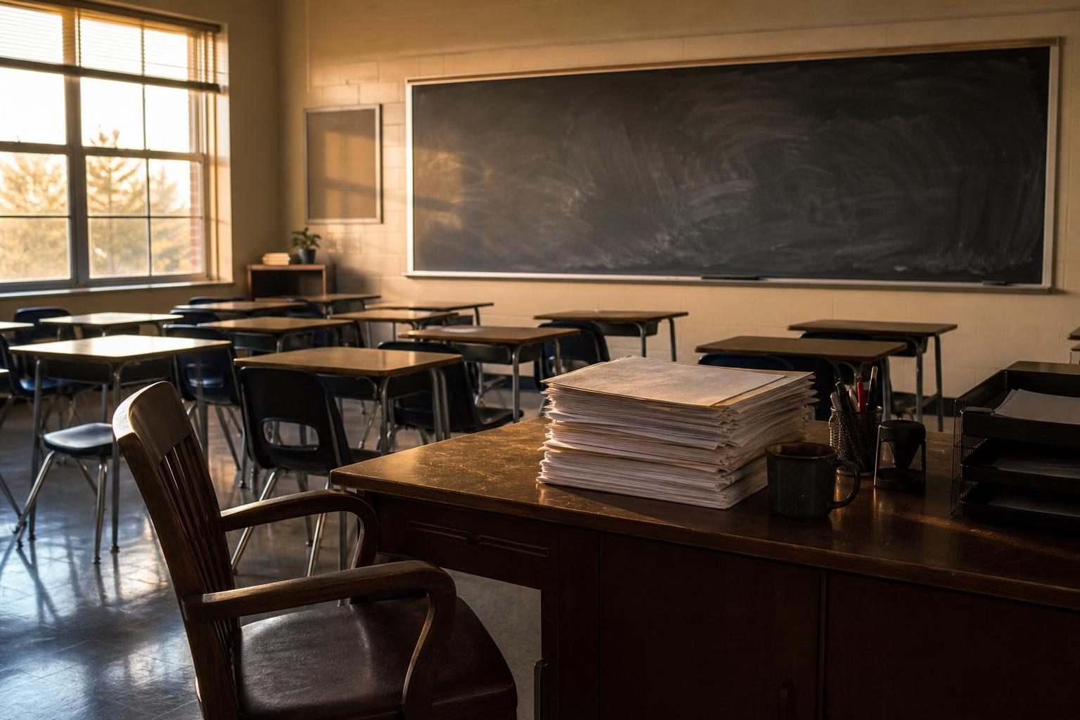 Un escritorio vacío de un salón de clases cubierto de papeles sugiere la carga de trabajo que enfrenta un docente que ya se fue por el día.