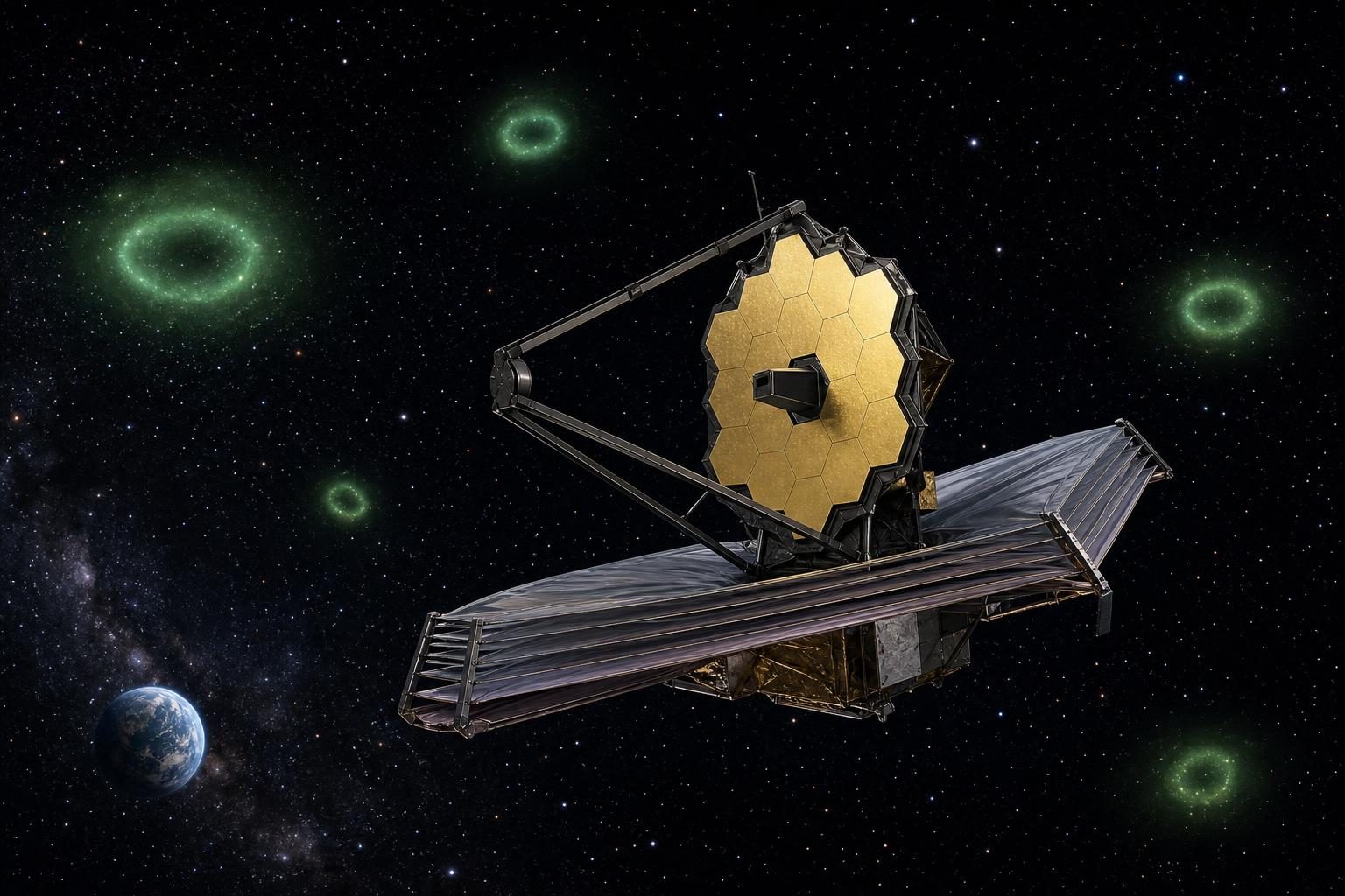 A space telescope points toward green ring-shaped stars during its first test image in space.