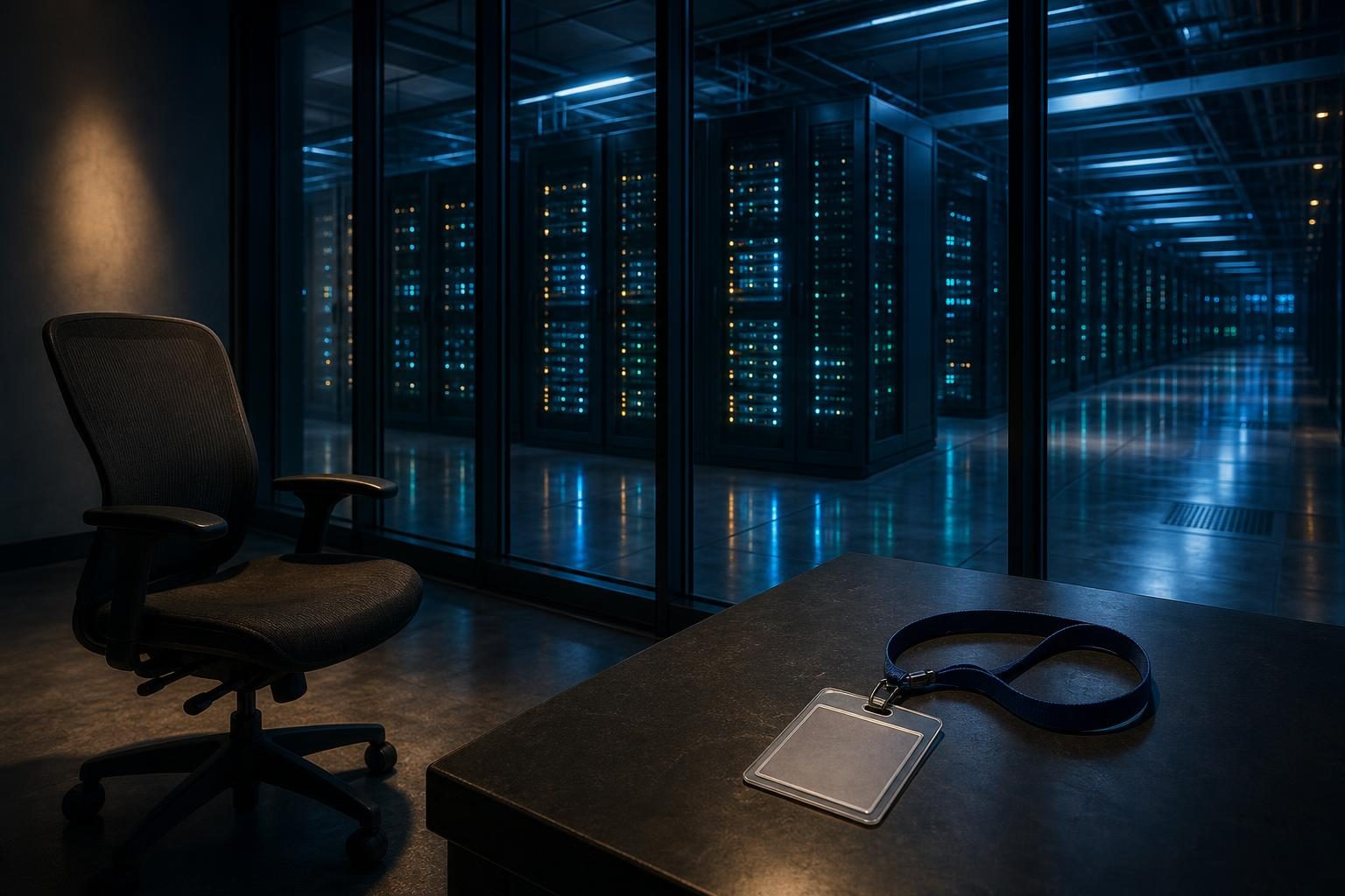 An empty chair and badge face glowing computer servers in a quiet, high-tech room.