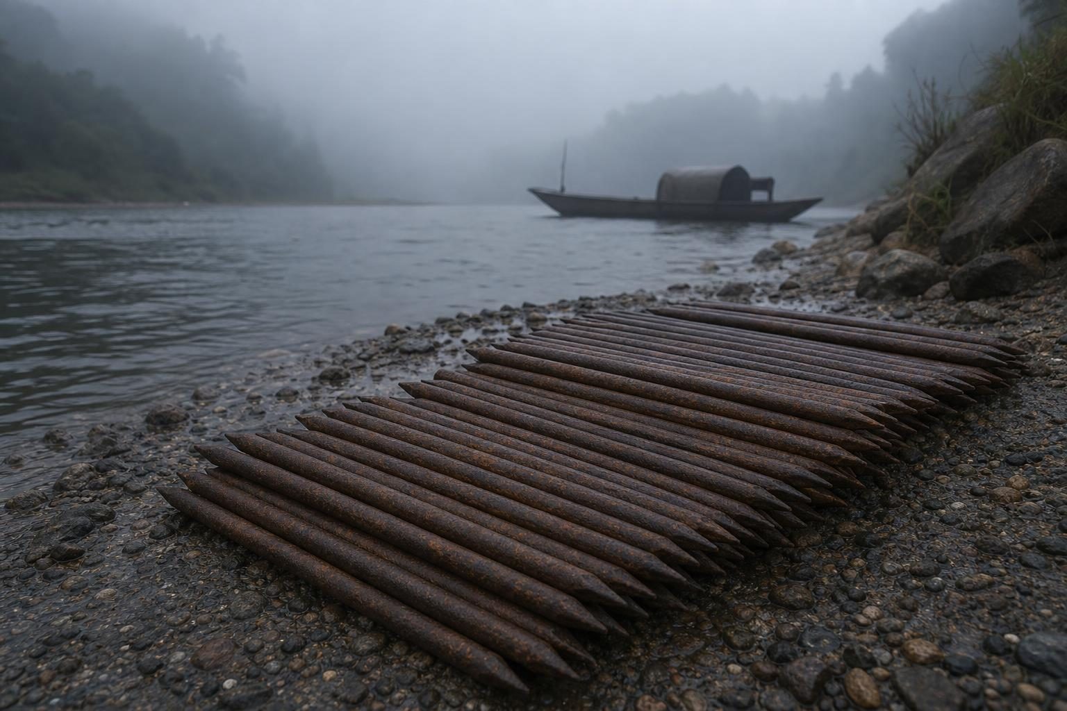 Rusty ancient iron bars lie on wet gravel beside a river, with a small cargo boat silhouette in the distance.
