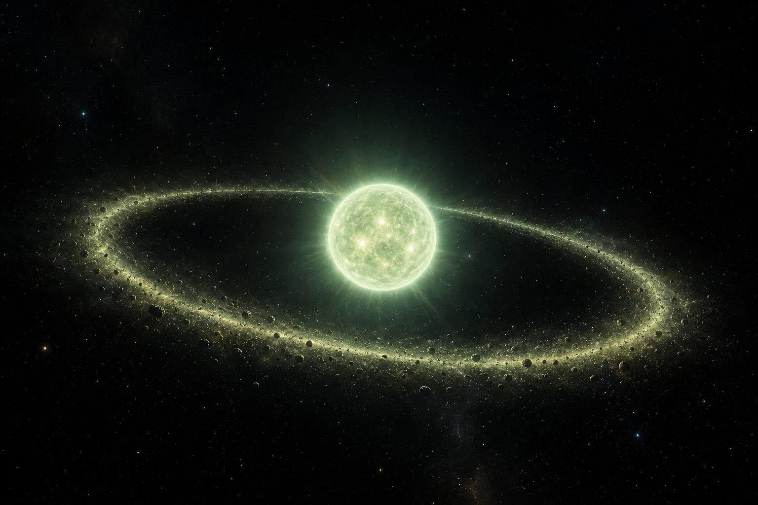A greenish-white dwarf star is circled by a thin ring of gas and rocks in space.