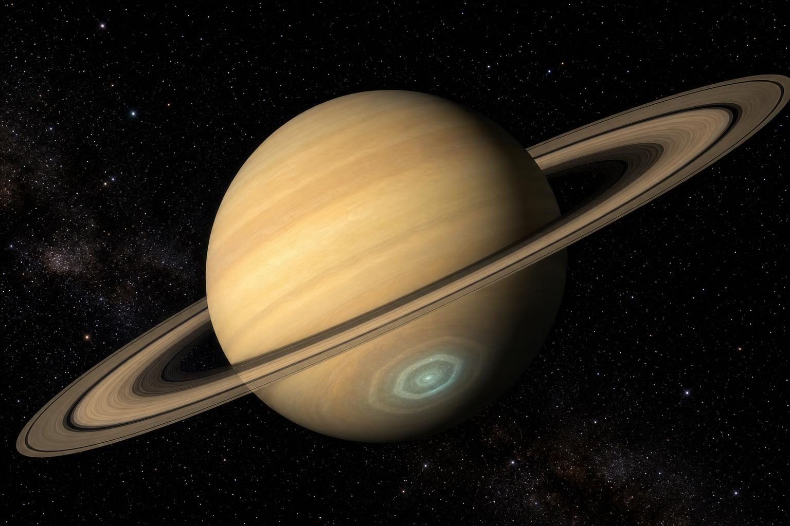 Saturn appears in space with its rings and a subtle ten-sided cloud pattern near one pole.