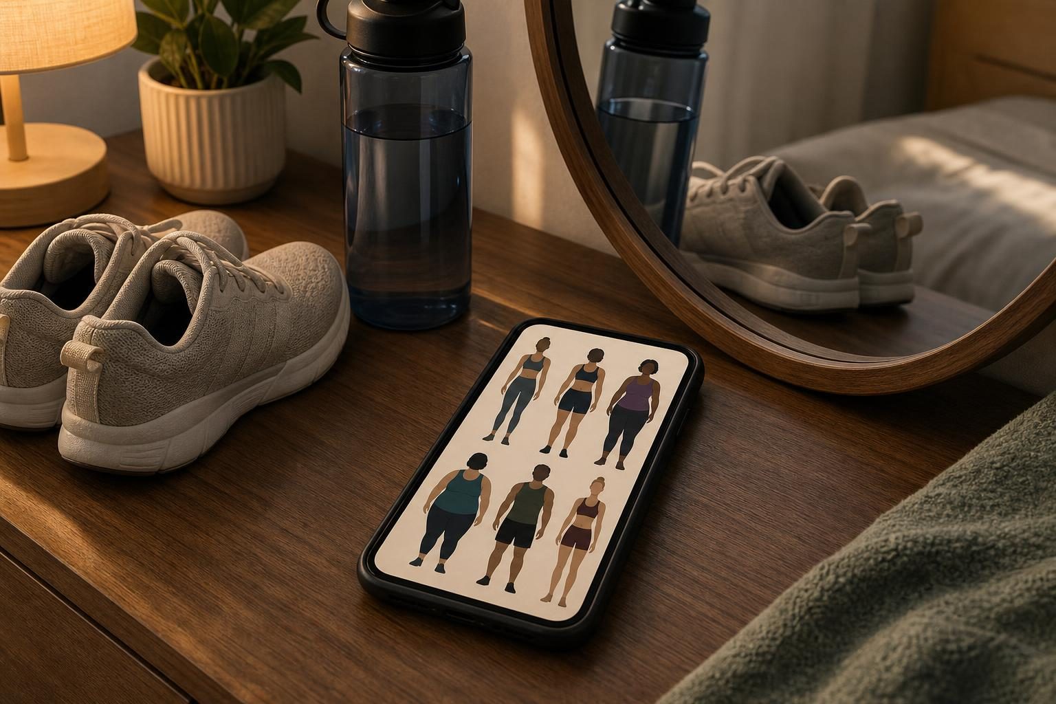 A phone with fitness images sits beside workout gear, suggesting the pressure and motivation of online wellness culture.