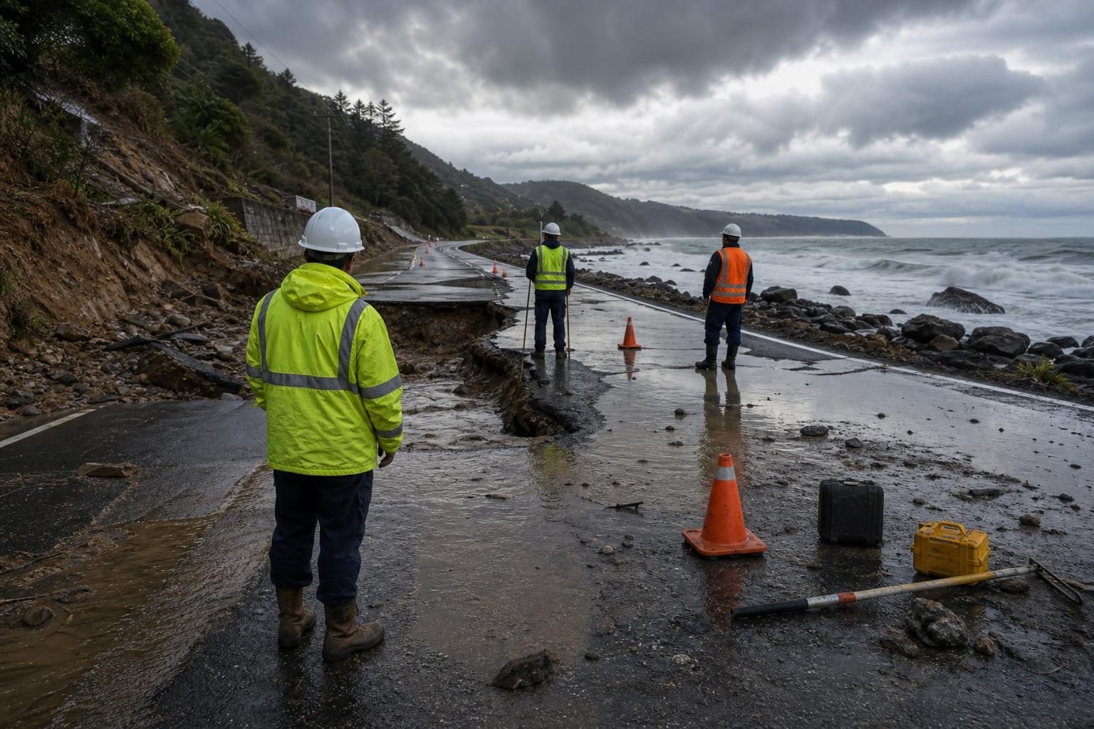 Workers inspect flood damage on a coastal road under cloudy skies.