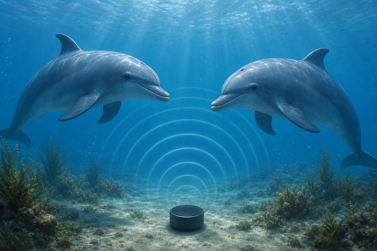 Dos delfines parecen comunicarse bajo el agua mientras anillos de sonido se mueven por el agua.