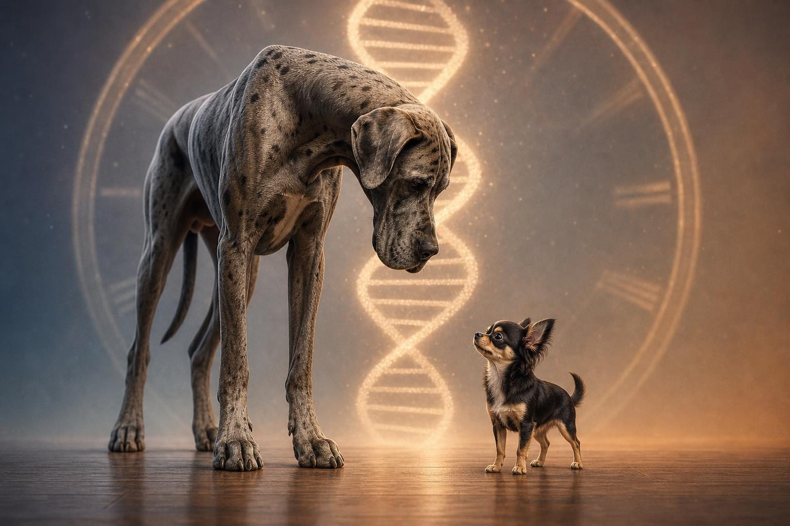 Un perro grande y un perro pequeño están junto a una cadena de ADN y un reloj tenue, lo que sugiere distintos patrones de envejecimiento.