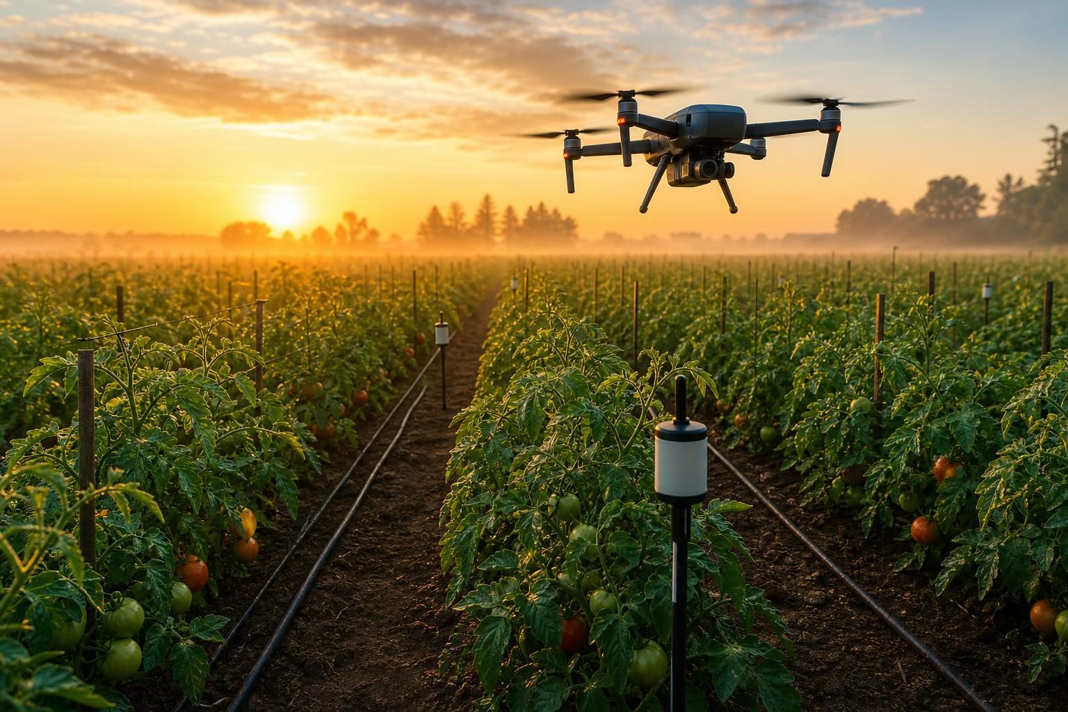 Un dron vuela sobre hileras de tomates irrigados con sensores de campo colocados entre las plantas.