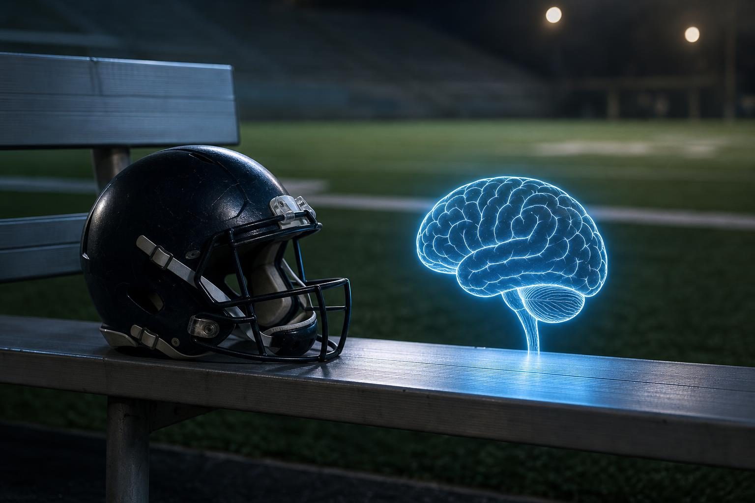 Un casco de fútbol americano vacío está junto a una ilustración brillante de un cerebro en una tranquila línea lateral deportiva.