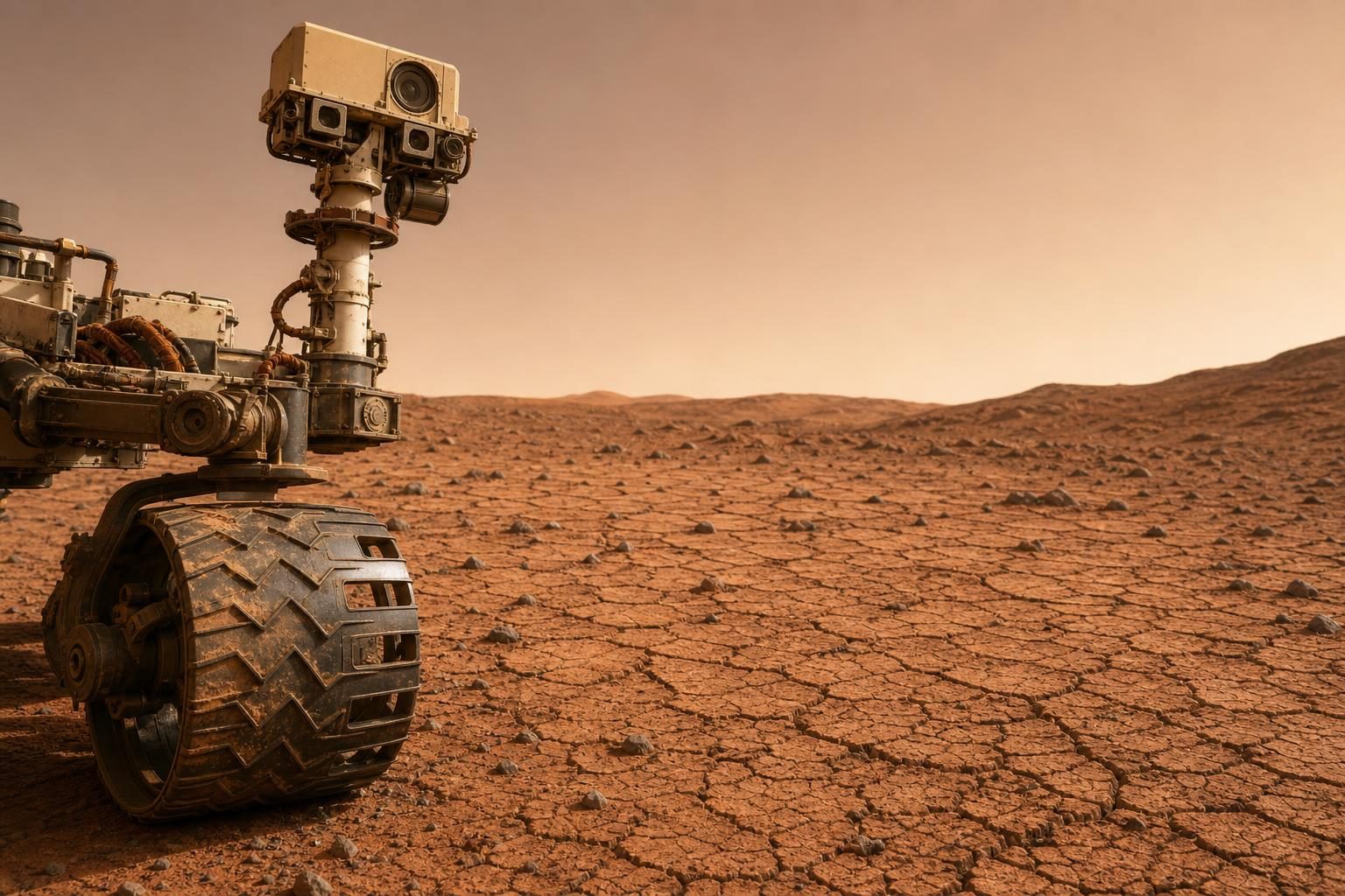 Un rover examina un campo de pequeñas grietas con forma de polígonos en la superficie de Marte.